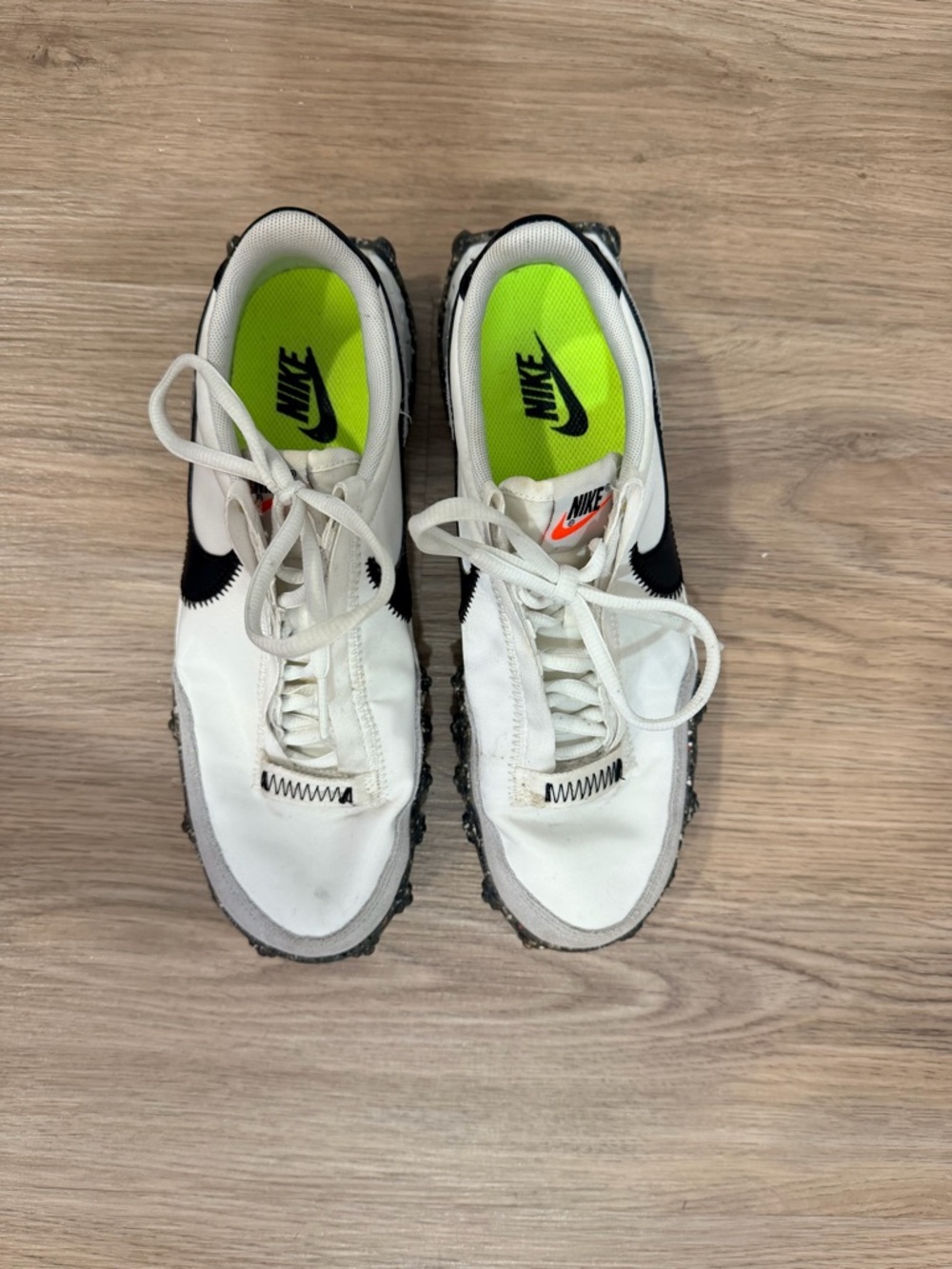 Nike White and Black Sneakers with Neon Green Insole